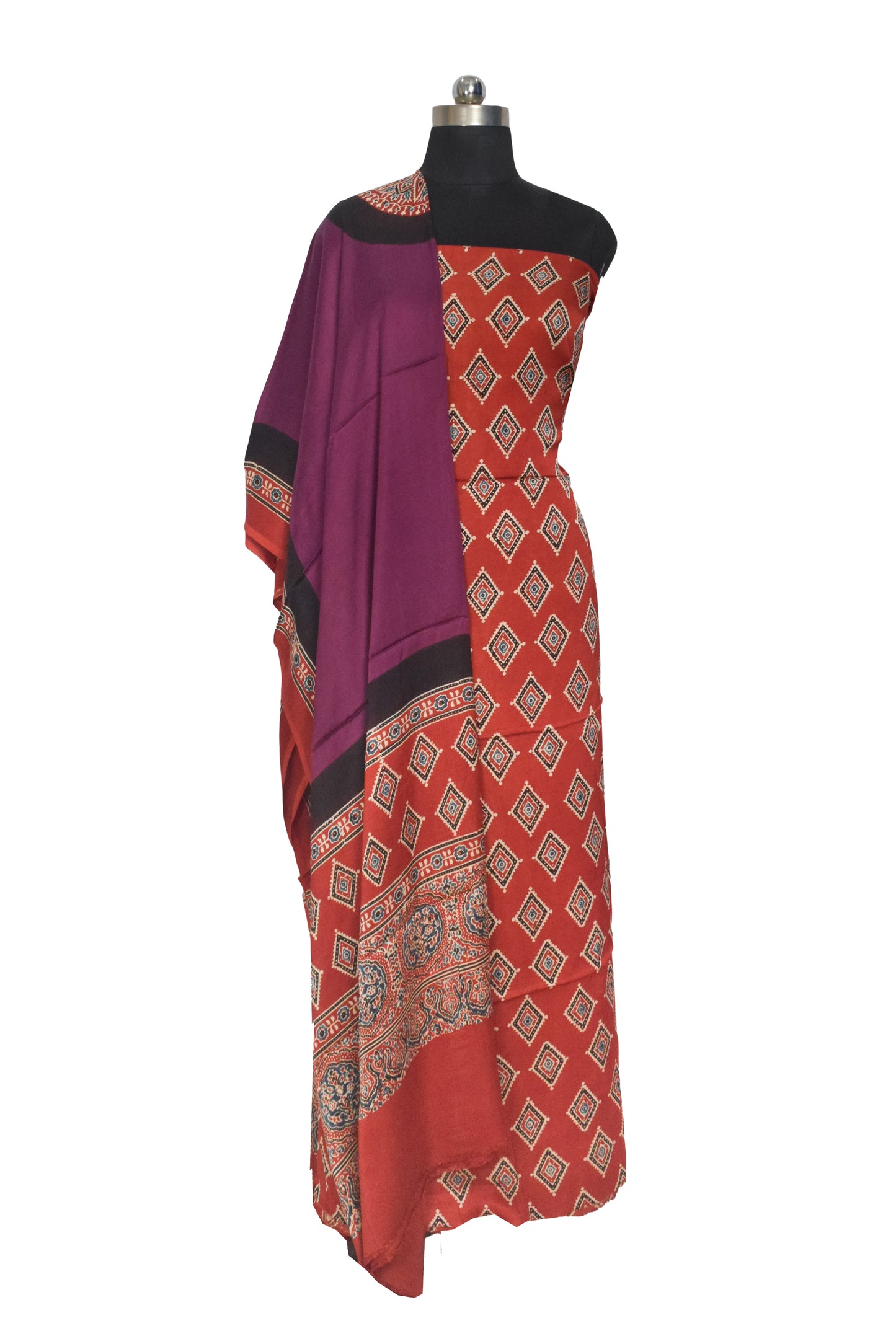 Ajrakh Modal Silk Part Natural Dye Plain Dyeing Ajrakh Border Dupatta Hand Block Print Kurta-Dupatta (Two Piece Set) with Tassels - 2.5 Mt Top    -  SKU : AI27801B