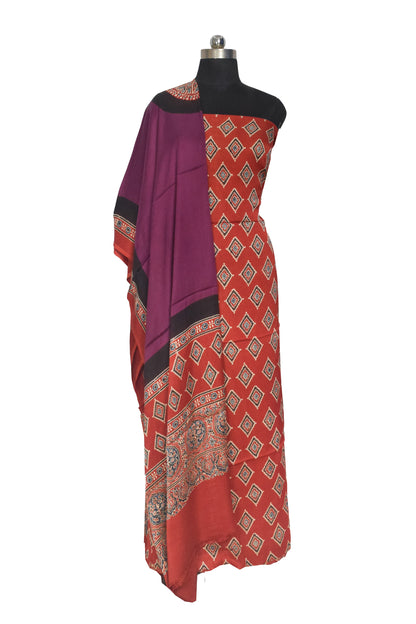 Ajrakh Modal Silk Part Natural Dye Plain Dyeing Ajrakh Border Dupatta Hand Block Print Kurta-Dupatta (Two Piece Set) with Tassels - 2.5 Mt Top    -  SKU : AI27801B