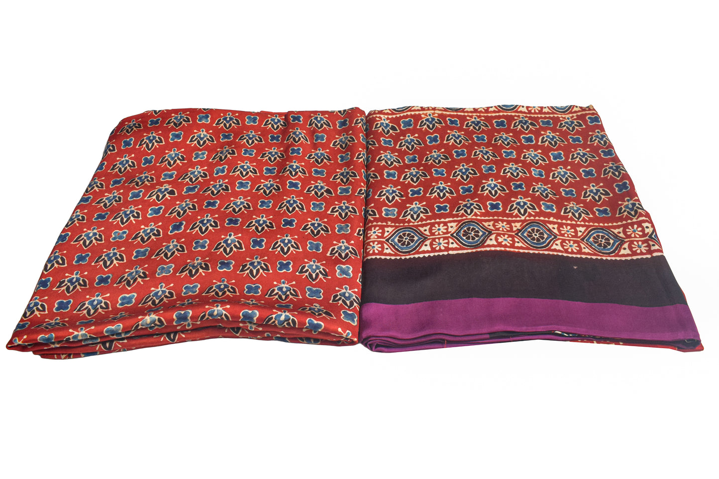 Ajrakh Modal Silk Part Natural Dye Plain Dyeing Ajrakh Border Dupatta Hand Block Print Kurta-Dupatta (Two Piece Set) with Tassels - 2.5 Mt Top    -  SKU : AI27801E