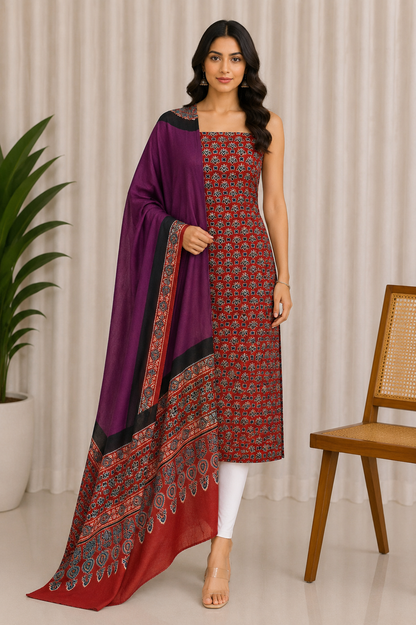 Ajrakh Modal Silk Part Natural Dye Plain Dyeing Ajrakh Border Dupatta Hand Block Print Kurta-Dupatta (Two Piece Set) with Tassels - 2.5 Mt Top    -  SKU : AI27801E