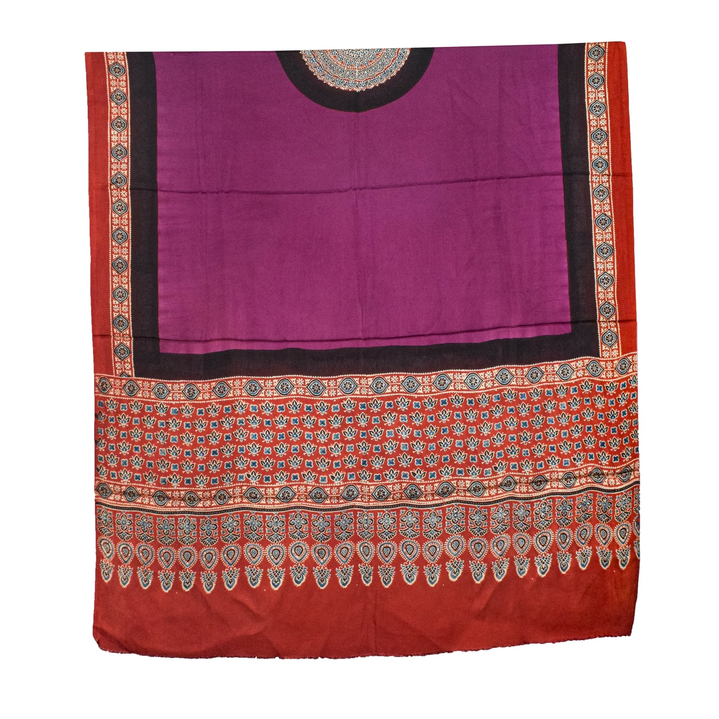 Ajrakh Modal Silk Part Natural Dye Plain Dyeing Ajrakh Border Dupatta Hand Block Print Kurta-Dupatta (Two Piece Set) with Tassels - 2.5 Mt Top    -  SKU : AI27801E
