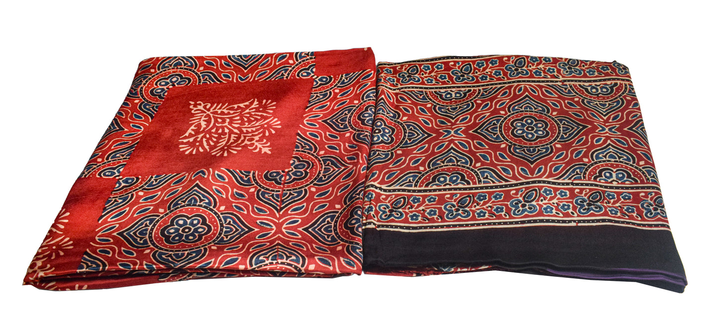 Ajrakh Modal Silk Part Natural Dye Plain Dyeing Ajrakh Border Dupatta Hand Block Print Kurta-Dupatta (Two Piece Set) with Tassels - 2.5 Mt Top    -  SKU : AI27801I
