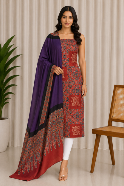 Ajrakh Modal Silk Part Natural Dye Plain Dyeing Ajrakh Border Dupatta Hand Block Print Kurta-Dupatta (Two Piece Set) with Tassels - 2.5 Mt Top    -  SKU : AI27801I