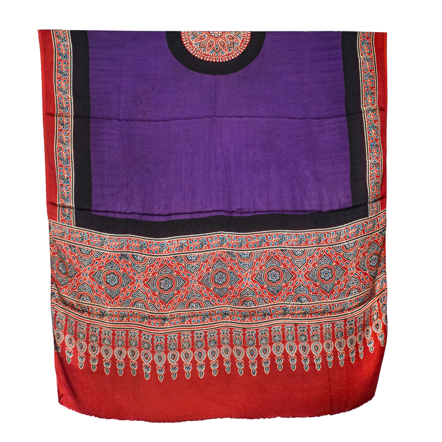 Ajrakh Modal Silk Part Natural Dye Plain Dyeing Ajrakh Border Dupatta Hand Block Print Kurta-Dupatta (Two Piece Set) with Tassels - 2.5 Mt Top    -  SKU : AI27801I
