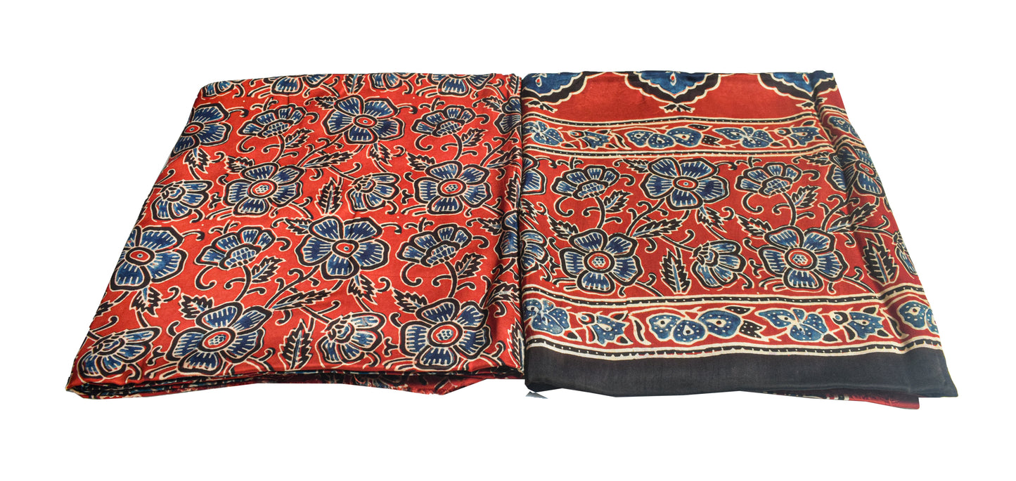 Ajrakh Modal Silk Part Natural Dye Plain Dyeing Ajrakh Border Dupatta Hand Block Print Kurta-Dupatta (Two Piece Set) with Tassels - 2.5 Mt Top    -  SKU : AI27801L