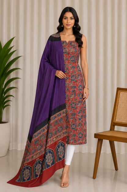 Ajrakh Modal Silk Part Natural Dye Plain Dyeing Ajrakh Border Dupatta Hand Block Print Kurta-Dupatta (Two Piece Set) with Tassels - 2.5 Mt Top    -  SKU : AI27801L