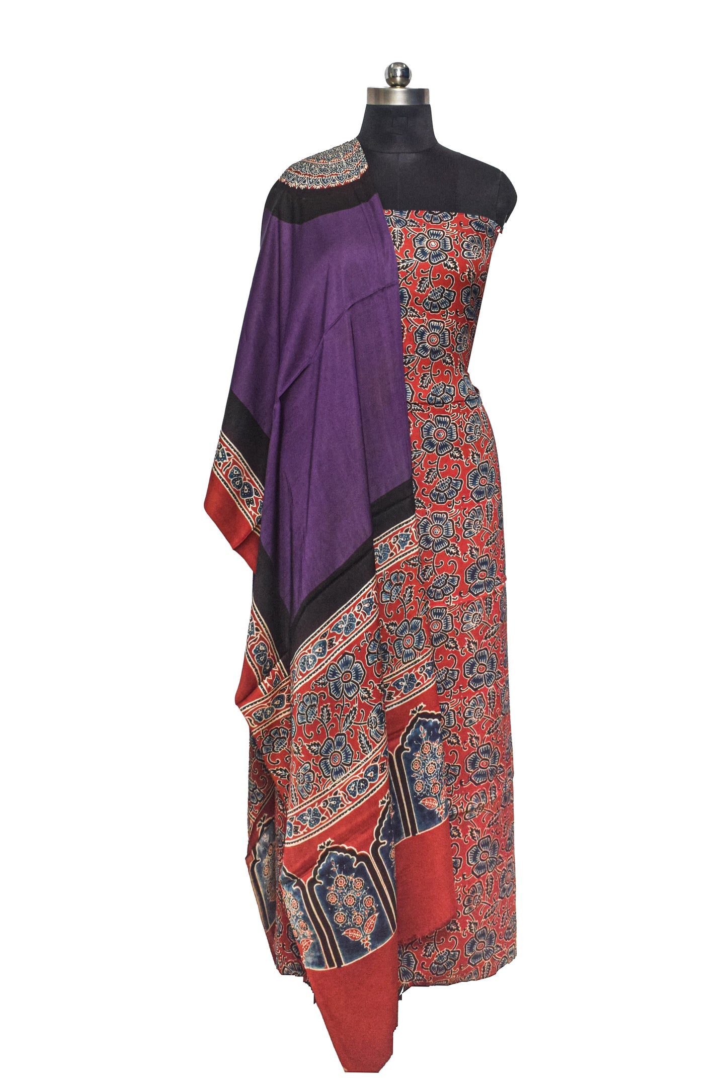 Ajrakh Modal Silk Part Natural Dye Plain Dyeing Ajrakh Border Dupatta Hand Block Print Kurta-Dupatta (Two Piece Set) with Tassels - 2.5 Mt Top    -  SKU : AI27801L