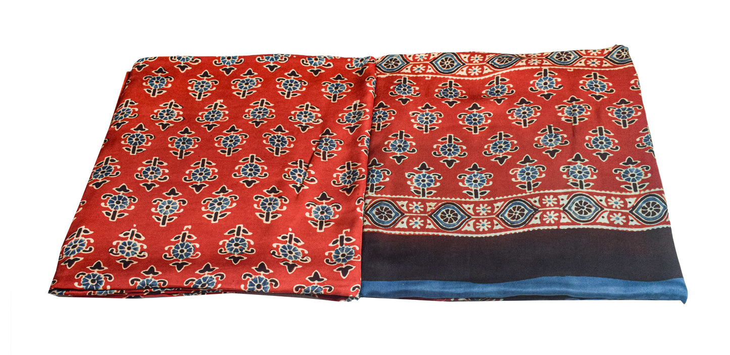 Ajrakh Modal Silk Part Natural Dye Plain Dyeing Ajrakh Border Dupatta Hand Block Print Kurta-Dupatta (Two Piece Set) with Tassels - 2.5 Mt Top    -  SKU : AI27801D