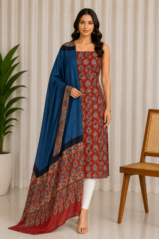 Ajrakh Modal Silk Part Natural Dye Plain Dyeing Ajrakh Border Dupatta Hand Block Print Kurta-Dupatta (Two Piece Set) with Tassels - 2.5 Mt Top    -  SKU : AI27801D