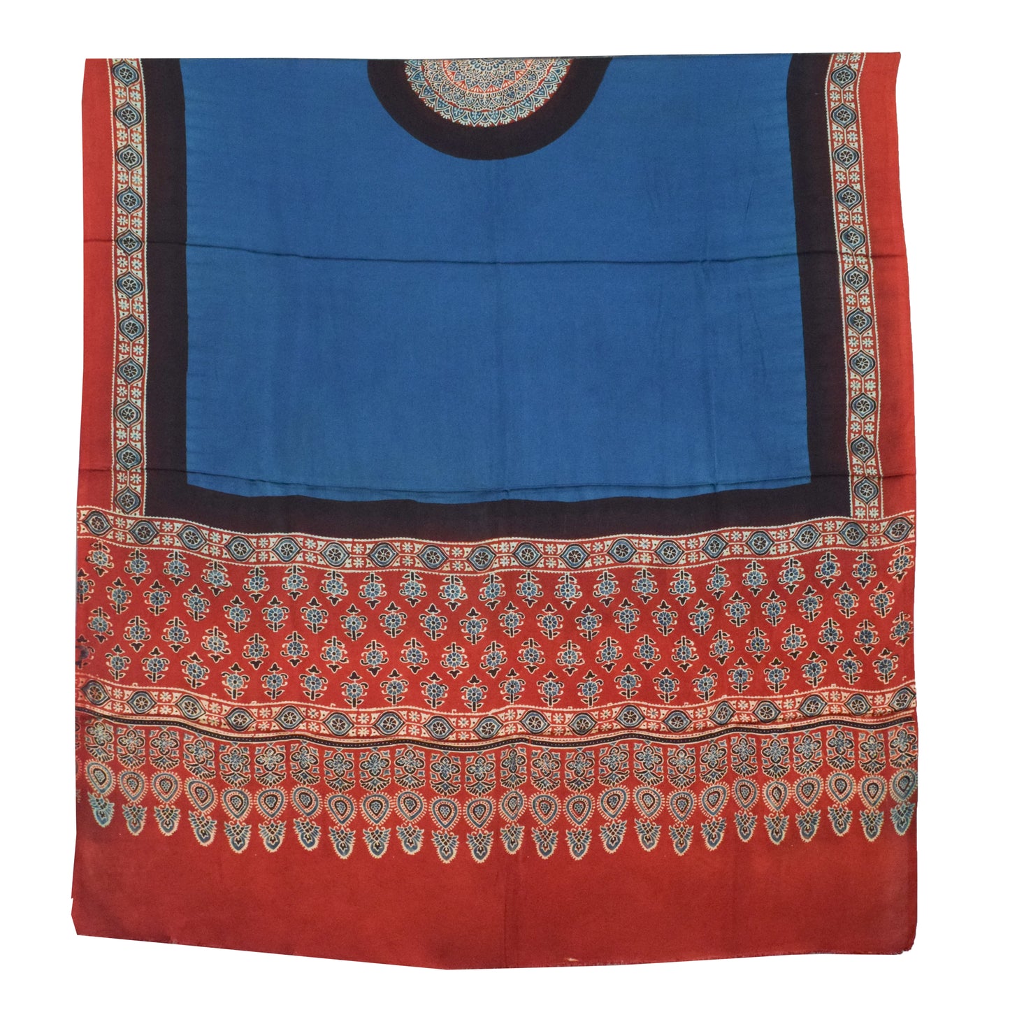 Ajrakh Modal Silk Part Natural Dye Plain Dyeing Ajrakh Border Dupatta Hand Block Print Kurta-Dupatta (Two Piece Set) with Tassels - 2.5 Mt Top    -  SKU : AI27801D
