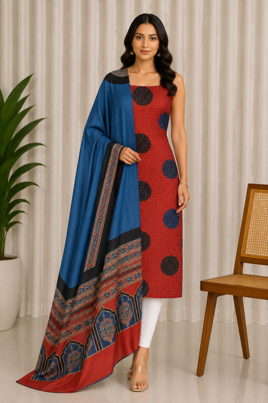 Ajrakh Modal Silk Part Natural Dye Plain Dyeing Ajrakh Border Dupatta Hand Block Print Kurta-Dupatta (Two Piece Set) with Tassels - 2.5 Mt Top    -  SKU : AI27801G