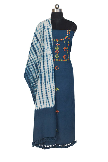 Plain Dyeing Kala Cotton Shibori Dupatta Mirror Work Kurta-Dupatta (Two Piece Set) with Hand Embroidered Yoke for Kurta - with Tassels - 2.5 Mt Top    -  SKU : DB20901C