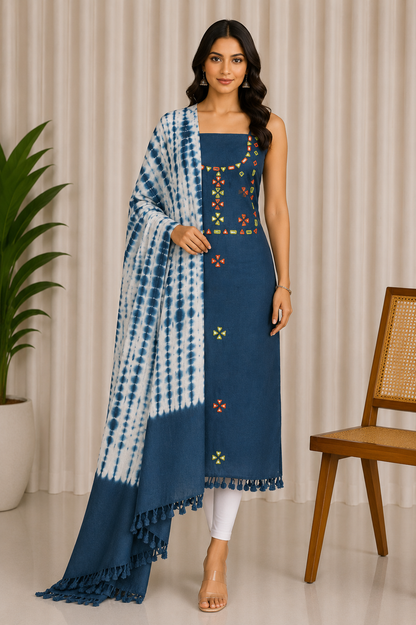 Plain Dyeing Kala Cotton Shibori Dupatta Mirror Work Kurta-Dupatta (Two Piece Set) with Hand Embroidered Yoke for Kurta - with Tassels - 2.5 Mt Top    -  SKU : DB20901C