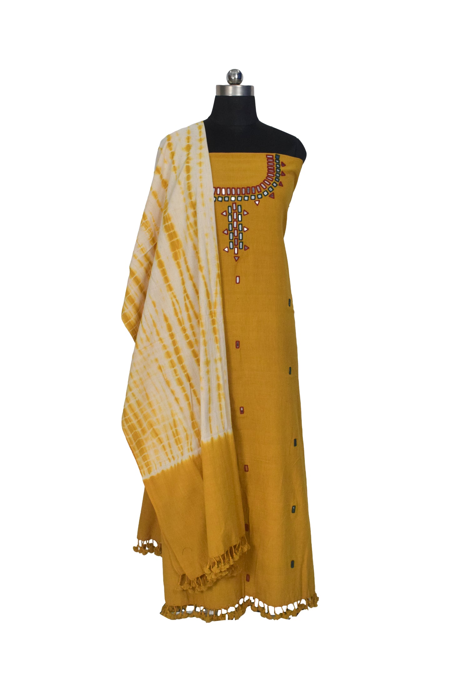 Plain Dyeing Kala Cotton Shibori Dupatta Mirror Work Kurta-Dupatta (Two Piece Set) with Hand Embroidered Yoke for Kurta - with Tassels - 2.5 Mt Top    -  SKU : DB20901B
