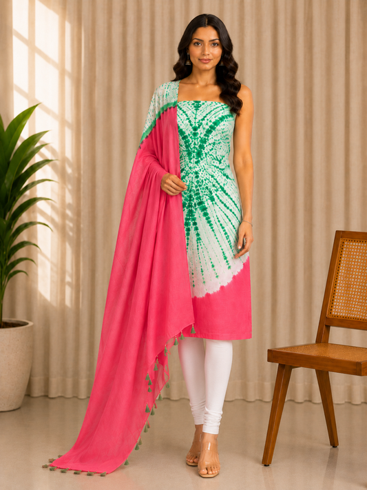 Plain Dyeing Modal Silk Shibori Kurta-Dupatta (Two Piece Set) with Tassels - 2.5 Mt Top    -  SKU : AI26904F
