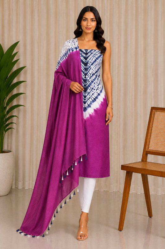 Plain Dyeing Modal Silk Shibori Kurta-Dupatta (Two Piece Set) with Tassels - 2.5 Mt Top    -  SKU : AI26904G