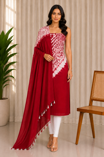 Plain Dyeing Modal Silk Shibori Kurta-Dupatta (Two Piece Set) with Tassels - 2.5 Mt Top    -  SKU : AI26904B