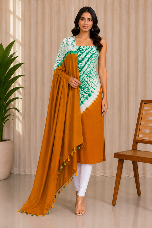 Plain Dyeing Modal Silk Shibori Kurta-Dupatta (Two Piece Set) with Tassels - 2.5 Mt Top    -  SKU : AI26904A
