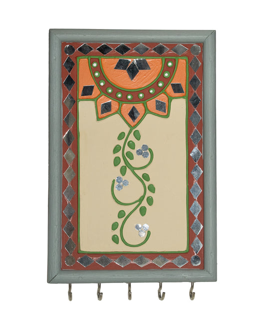 Lippan Kam Wooden Traditional Kutch Handicraft Mud-Mirrorwork Lippan Kam Wall Art Key Holder (Water and Break Resistant) - 9 Inch Length    -  SKU : 0001-CRGY