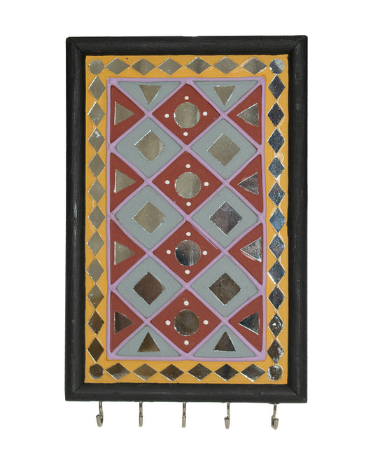 Lippan Kam Wooden Traditional Kutch Handicraft Mud-Mirrorwork Lippan Kam Wall Art Key Holder (Water and Break Resistant) - 9 Inch Length    -  SKU : 0002-YEBK