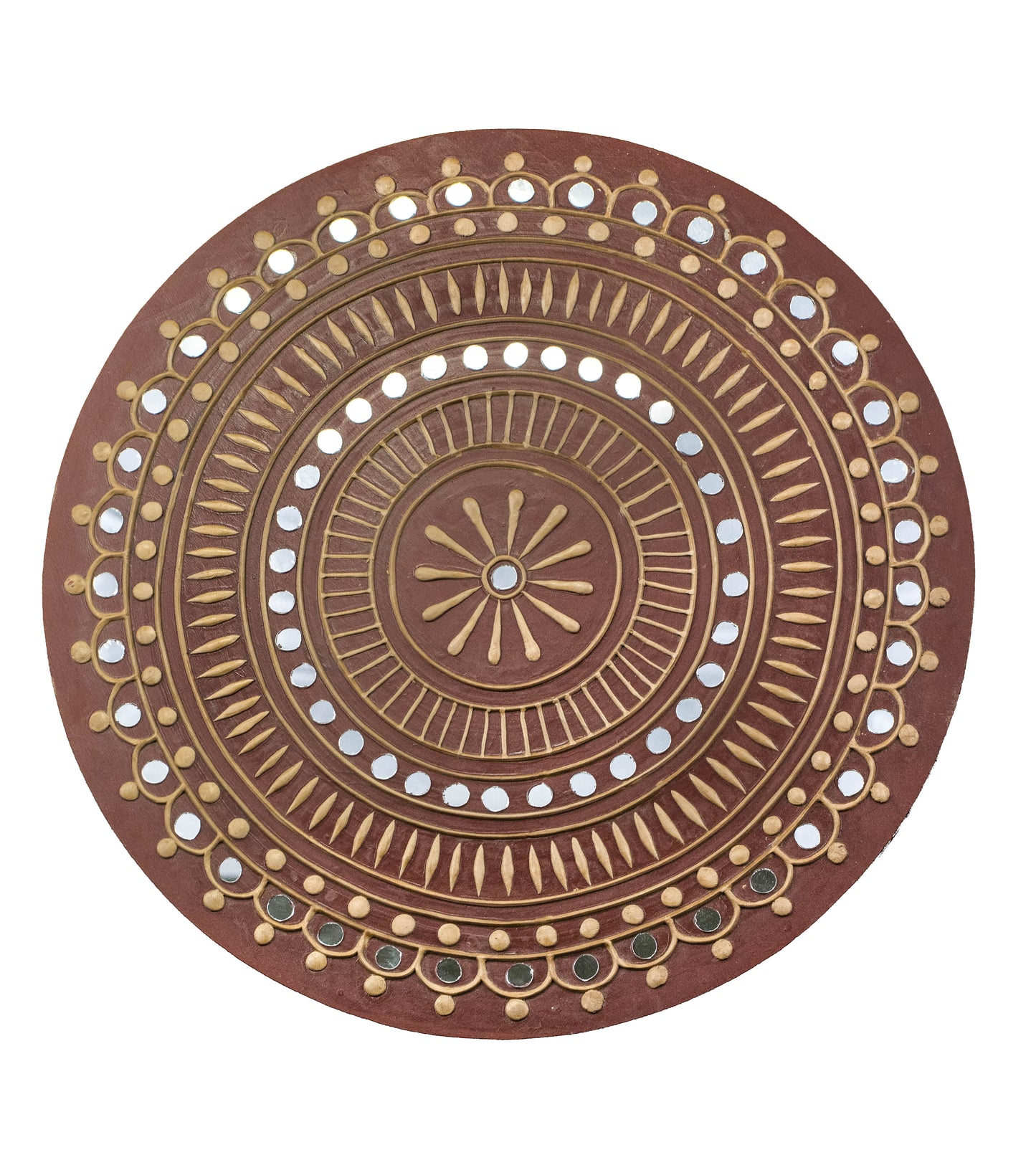 Round 12 Inch Traditional Mutva Lippan Kam Kutch Handicraft Mud-Mirrorwork Wall Art Lippan Kam - Mutva Traditional Earthen Theme - Round (12 Inch Diameter)    -  SKU : 0101