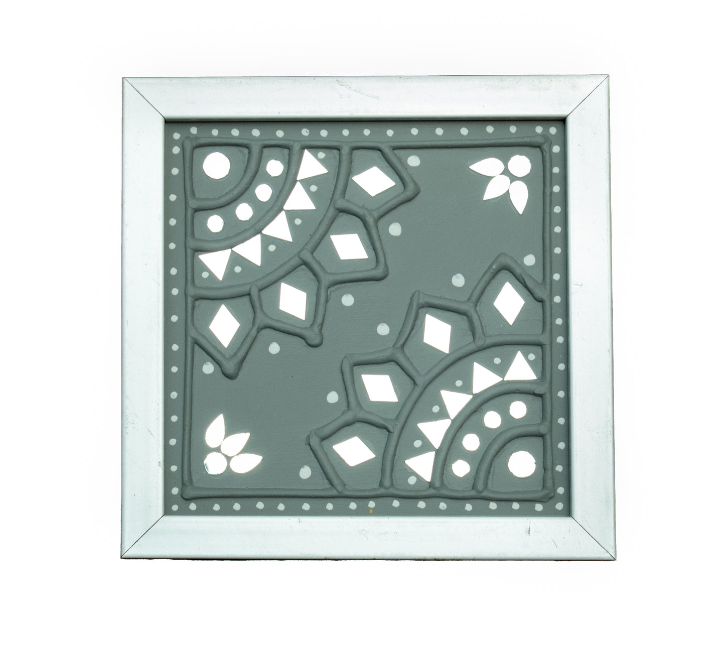 Traditional Kutch Handicraft Mud-Mirrorwork Lippan Kam Wall Art  With Frame - Square (07 Inch x 07 Inch)    -  SKU : 0104