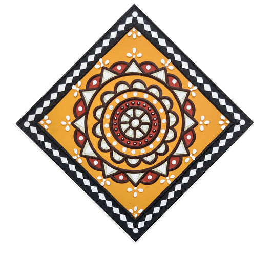 Traditional Kutch Handicraft Mud-Mirrorwork Lippan Kam Wall Art   (Water and Break Resistant)  - Square (12 inch x 12 inch)    -  SKU : 0206