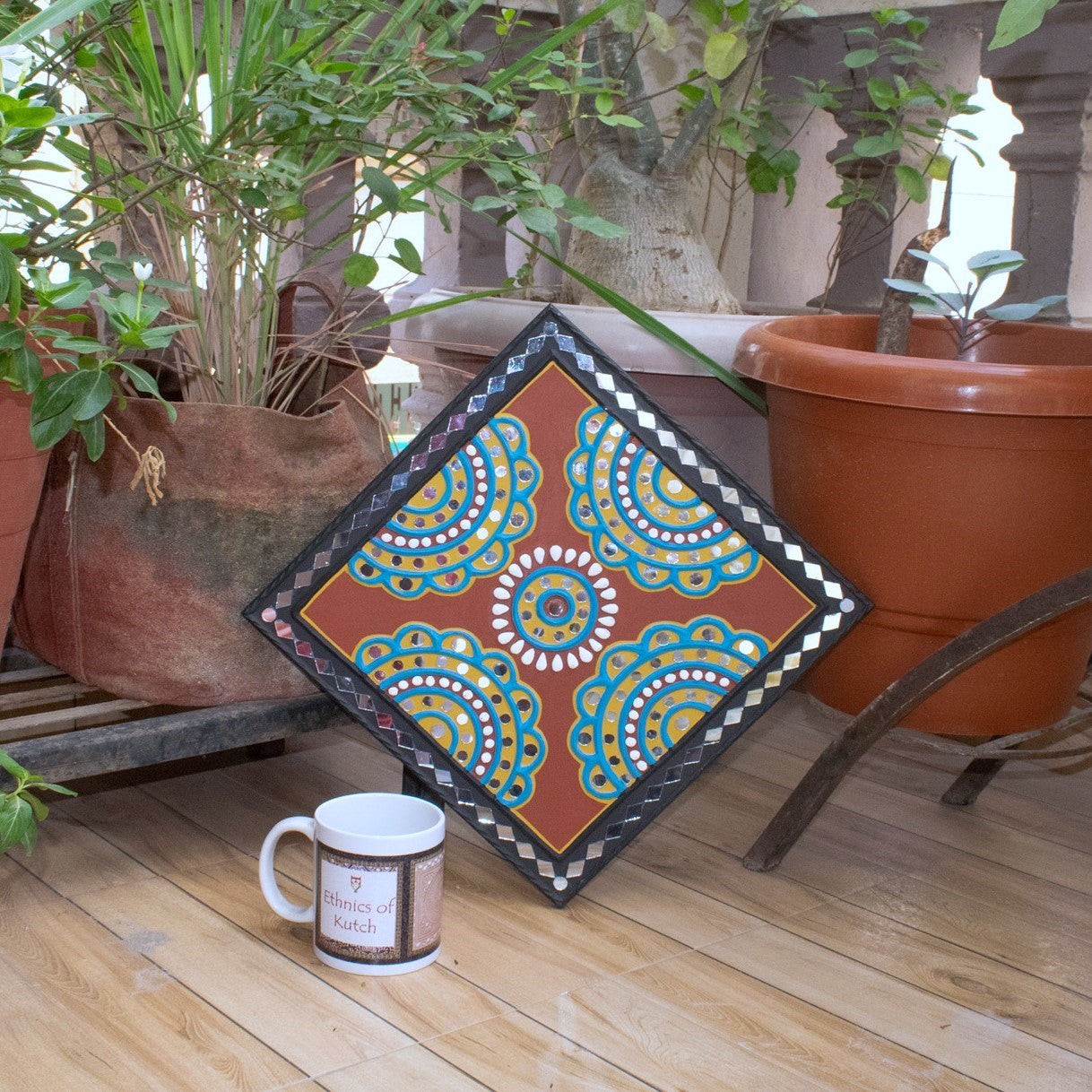 Square 12 Inch Traditional Kutch Handicraft Mud Mirror Art Lippan Kam - Traditional    -  SKU: 0217