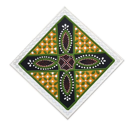 Square 12 Inch Traditional Kutch Handicraft Mud Mirror Art Lippan Kam - Traditional    -  SKU: 0227