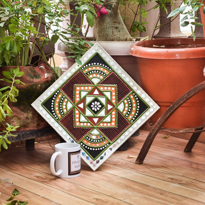Traditional Kutch Handicraft Mud-Mirrorwork Lippan Kam Wall Art   (Water and Break Resistant)  - Square (12 inch x 12 inch)    -  SKU : 0229