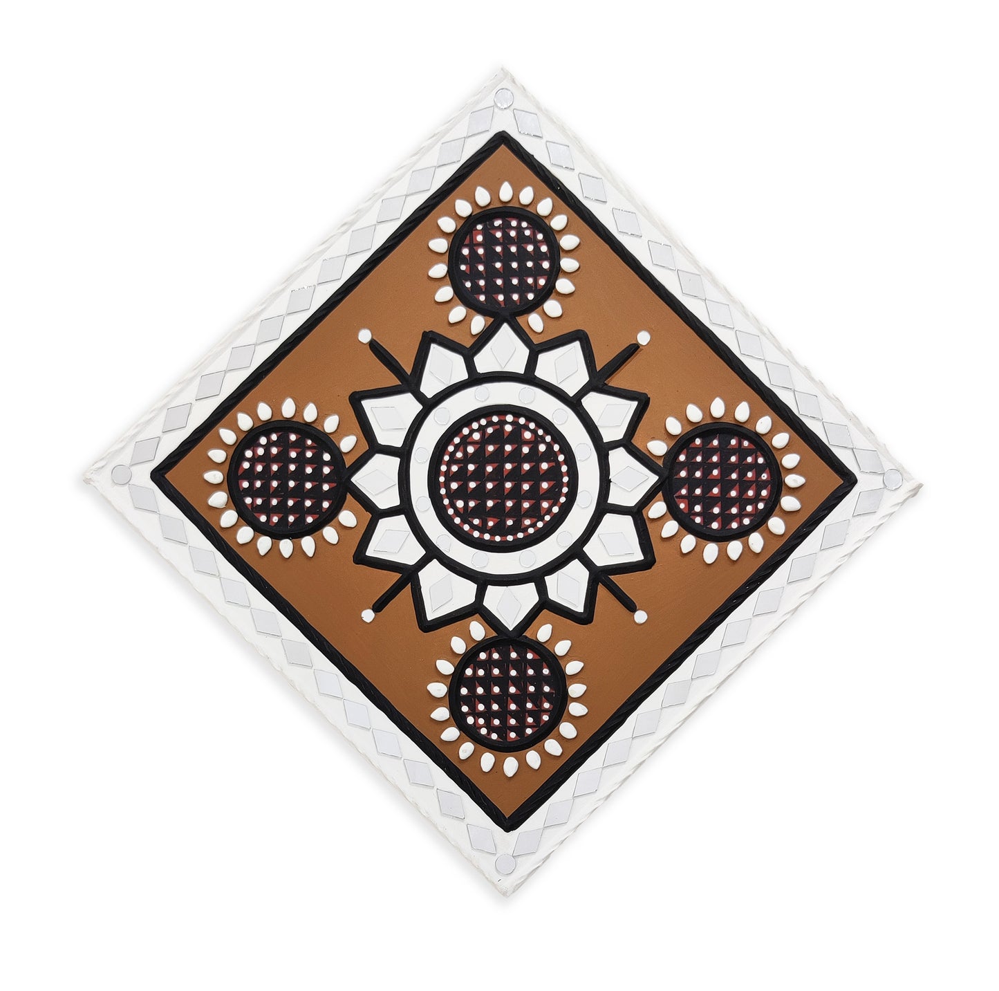 Square 12 Inch Traditional Kutch Handicraft Mud Mirror Art Lippan Kam - Traditional    -  SKU: 0232