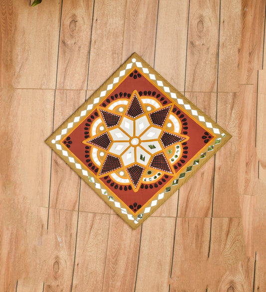 Square 12 Inch Traditional Kutch Handicraft Mud Mirror Art Lippan Kam - Traditional    -  SKU: 0234