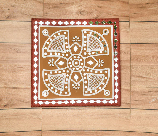 Square 12 Inch Traditional Kutch Handicraft Mud Mirror Art Lippan Kam - Traditional    -  SKU: 0235