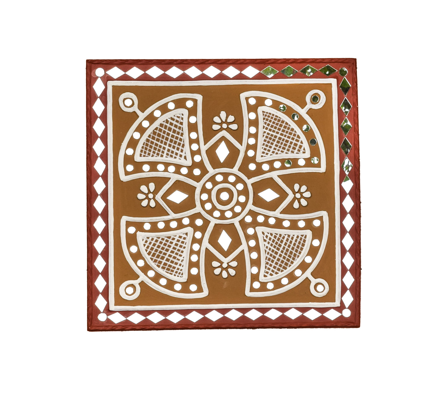 Square 12 Inch Traditional Kutch Handicraft Mud Mirror Art Lippan Kam - Traditional    -  SKU: 0235