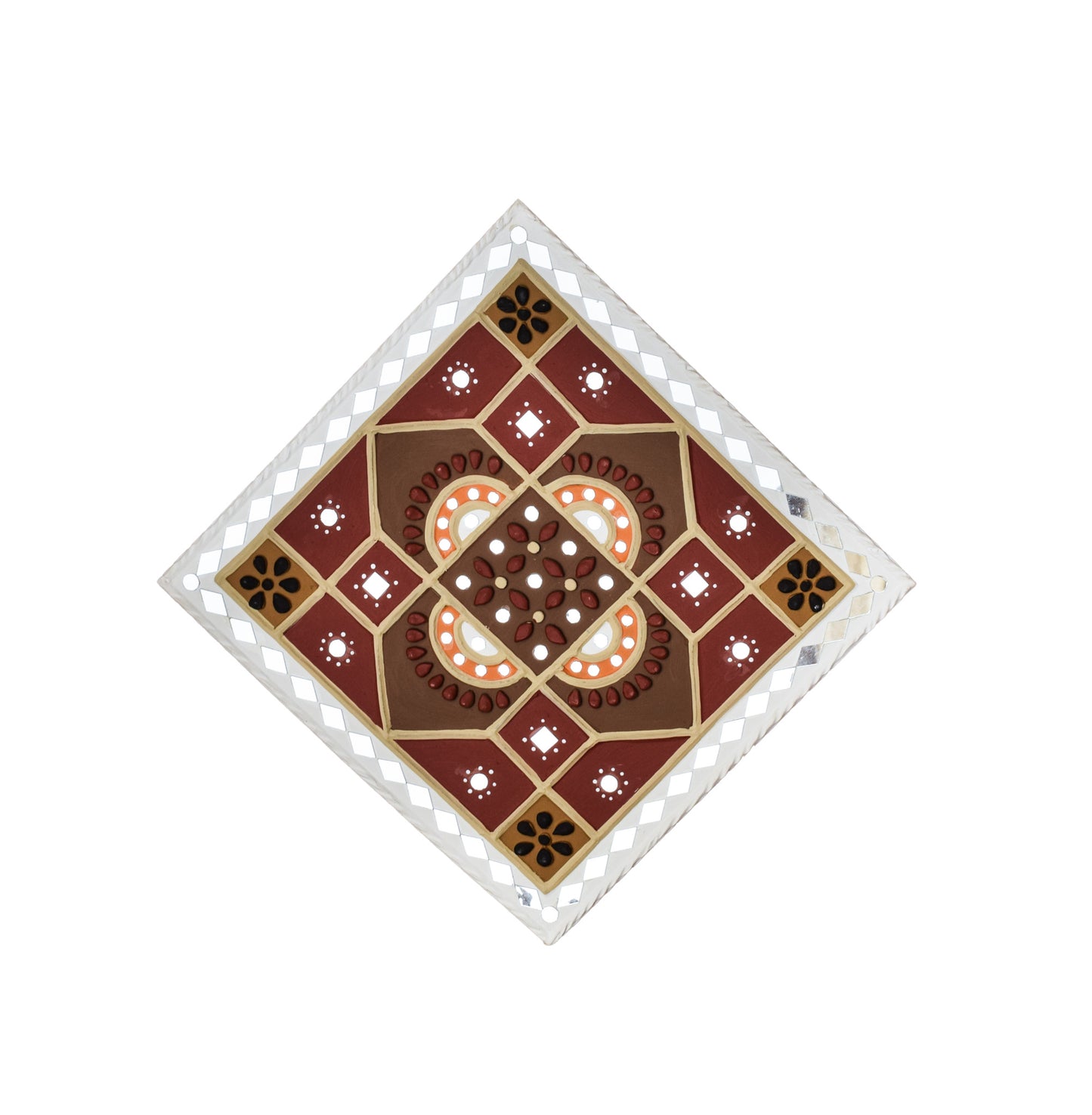 Square 12 Inch Traditional Kutch Handicraft Mud Mirror Art Lippan Kam - Traditional    -  SKU: 0237