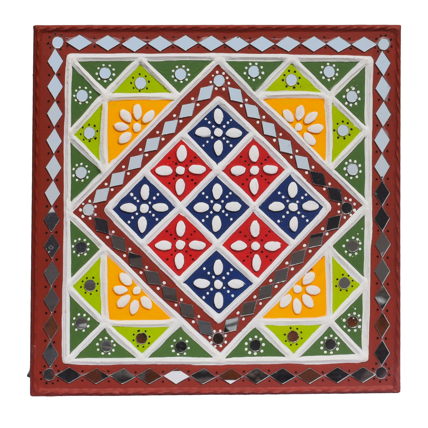 Traditional Kutch Handicraft Mud-Mirrorwork Lippan Kam Wall Art  (Water and Break Resistant) - Square (12 inch x 12 inch)    -  SKU : LKT-0273
