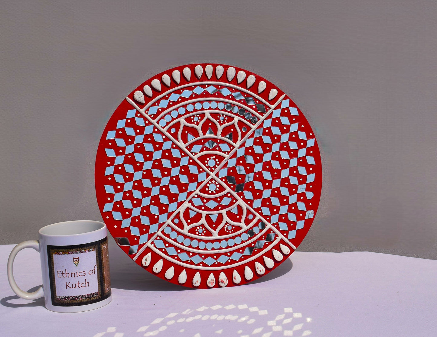 Traditional Kutch Handicraft Mud-Mirrorwork Lippan Kam Wall Art  (Water and Break Resistant) - Round (12 Inch Diameter)    -  SKU : LKT-0276