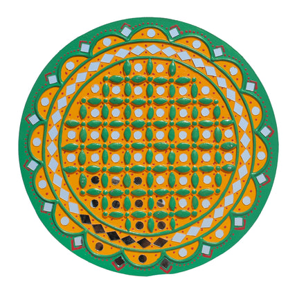 Traditional Kutch Handicraft Mud-Mirrorwork Lippan Kam Wall Art  (Water and Break Resistant) - Round (12 Inch Diameter)    -  SKU : LKT-0281