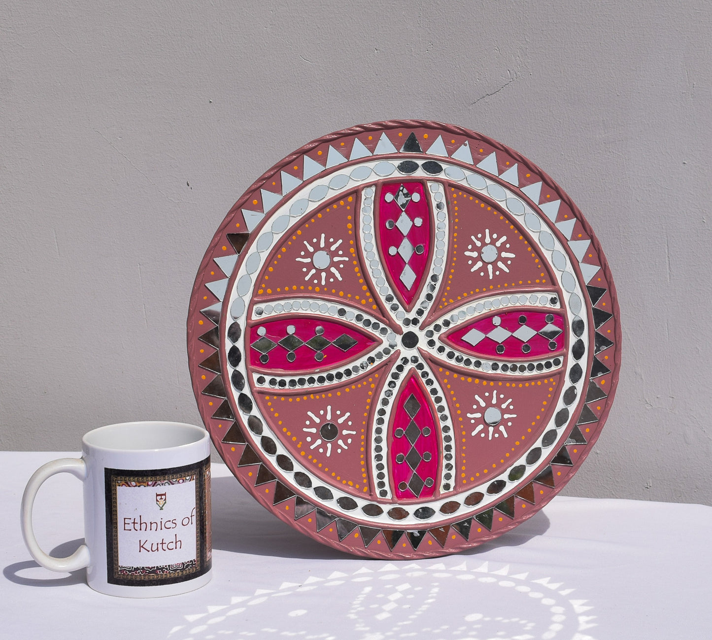 Traditional Kutch Handicraft Mud-Mirrorwork Lippan Kam Wall Art  (Water and Break Resistant) - Round (12 Inch Diameter)    -  SKU : LKT-0283