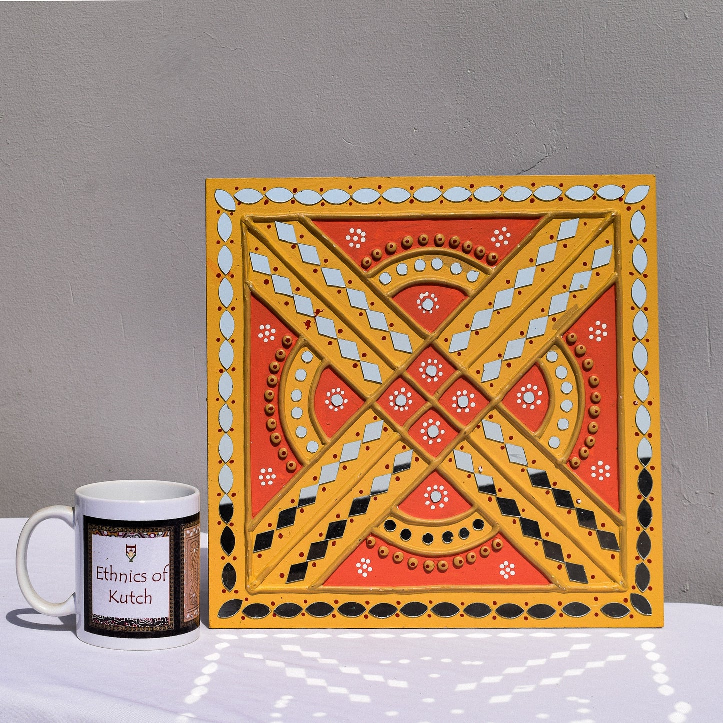 Traditional Kutch Handicraft Mud-Mirrorwork Lippan Kam Wall Art  (Water and Break Resistant) - Square (12 inch x 12 inch)    -  SKU : LKT-0288
