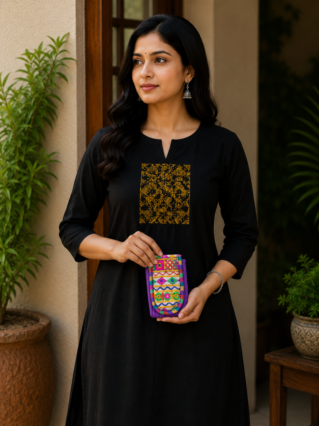 Neran Work Raw Silk Fine Mirror and Threadwork Embroidery Clutch    -  SKU: 0001