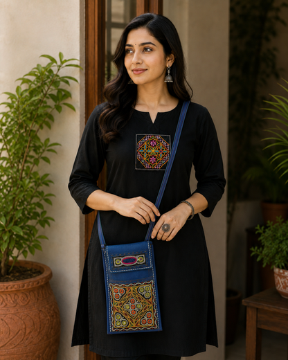 Ahir Work Pure Leather Leathercraft Hand Made Hand Embroidery Mobile Cover  - 21 cms Height x    -  SKU : AB31A01C