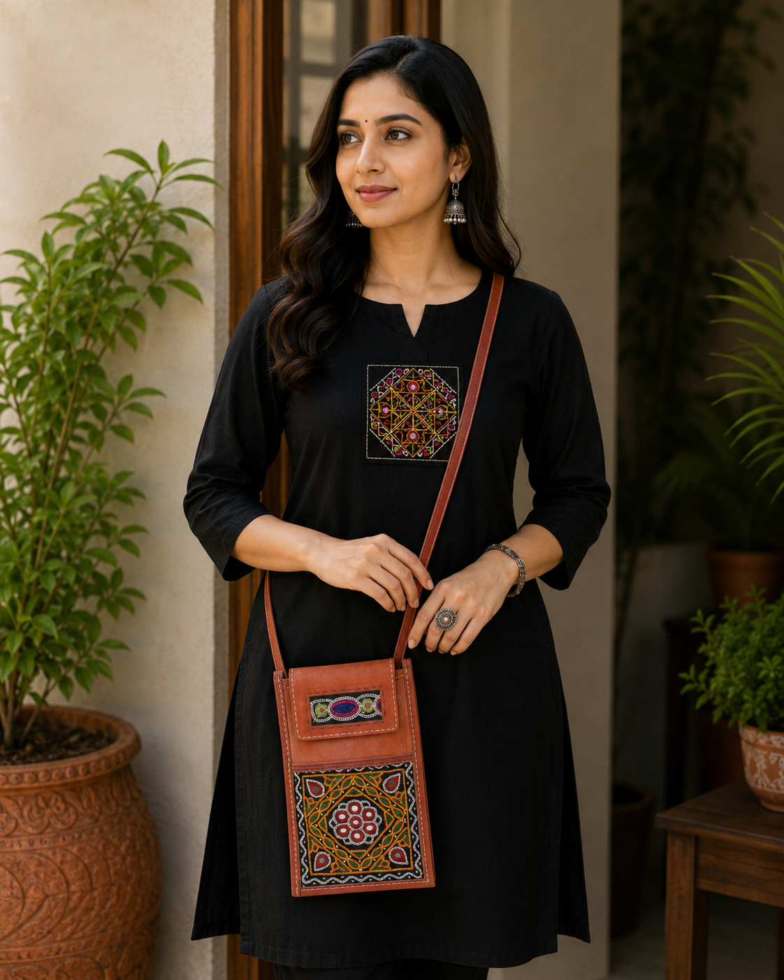 Ahir Work Pure Leather Leathercraft Hand Made Hand Embroidery Mobile Cover  - 21 cms Height x    -  SKU : AB31A01A