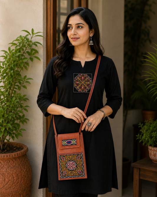 Ahir Work Pure Leather Leathercraft Hand Made Hand Embroidery Mobile Cover  - 21 cms Height x    -  SKU : AB31A01A