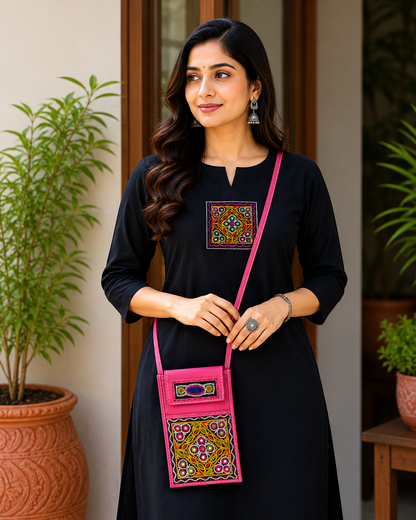 Ahir Work Pure Leather Leathercraft Hand Made Hand Embroidery Mobile Cover  - 21 cms Height x    -  SKU : AB31A01B