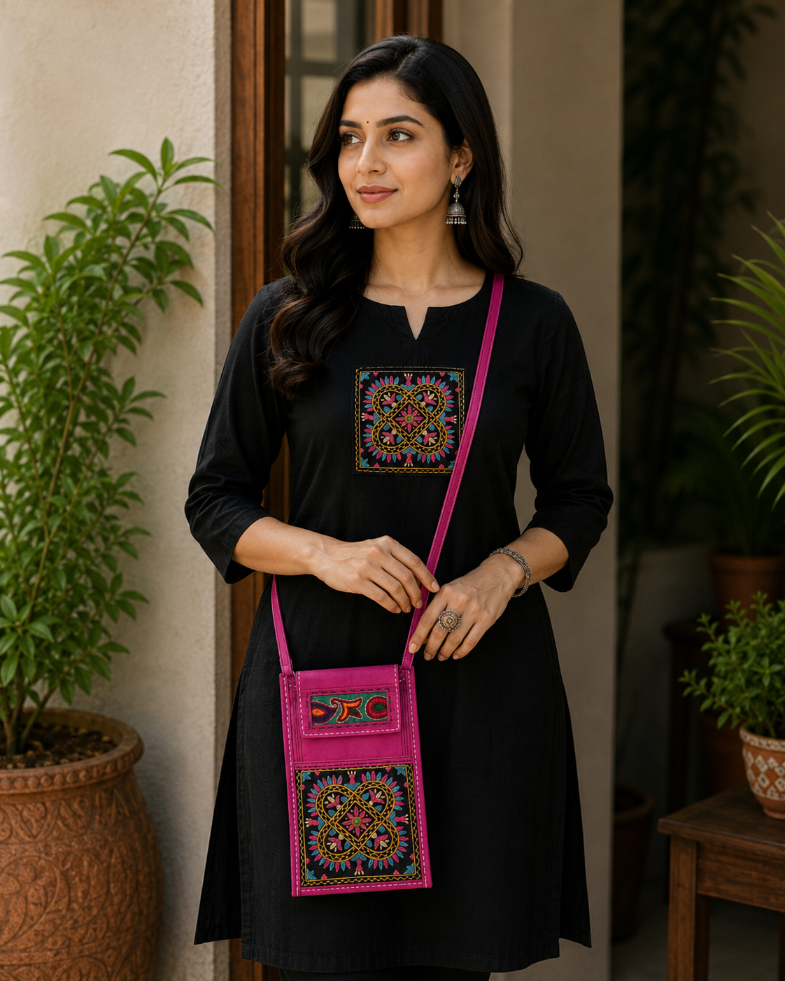 Ahir Work Pure Leather Leathercraft Hand Made Hand Embroidery Mobile Cover  - 21 cms Height x    -  SKU : AB31A01D