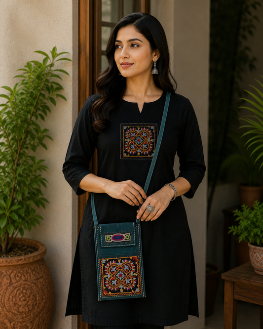 Ahir Work Pure Leather Leathercraft Hand Made Hand Embroidery Mobile Cover  - 21 cms Height x    -  SKU : AB31A01E