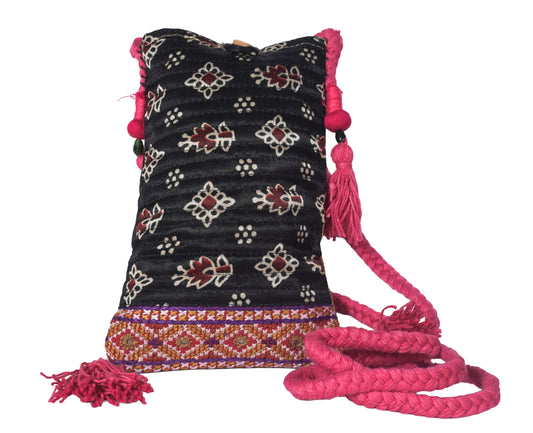 Ajrakh Mashru Silk Screen Print Hand Printed Mobile Cover  - 19 cms Height x    -  SKU : AB23201L