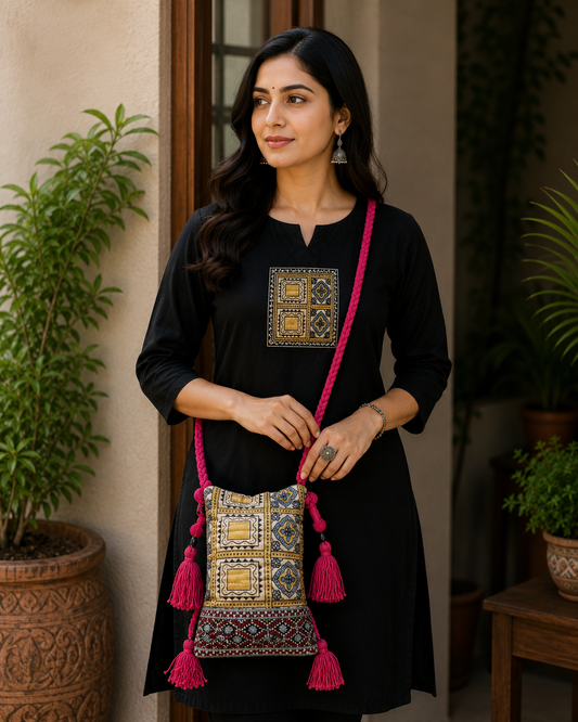 Ajrakh Mashru Silk Screen Print Hand Printed Mobile Cover  - 19 cms Height x    -  SKU : AB23201B