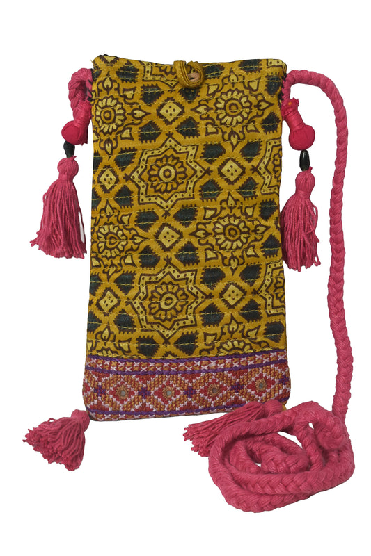 Ajrakh Mashru Silk Screen Print Hand Printed Mobile Cover - 19 cms Height x - SKU : AB14203A